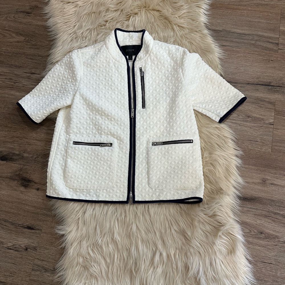 J. Crew White Quilted Bomber Jacket with Black Accents